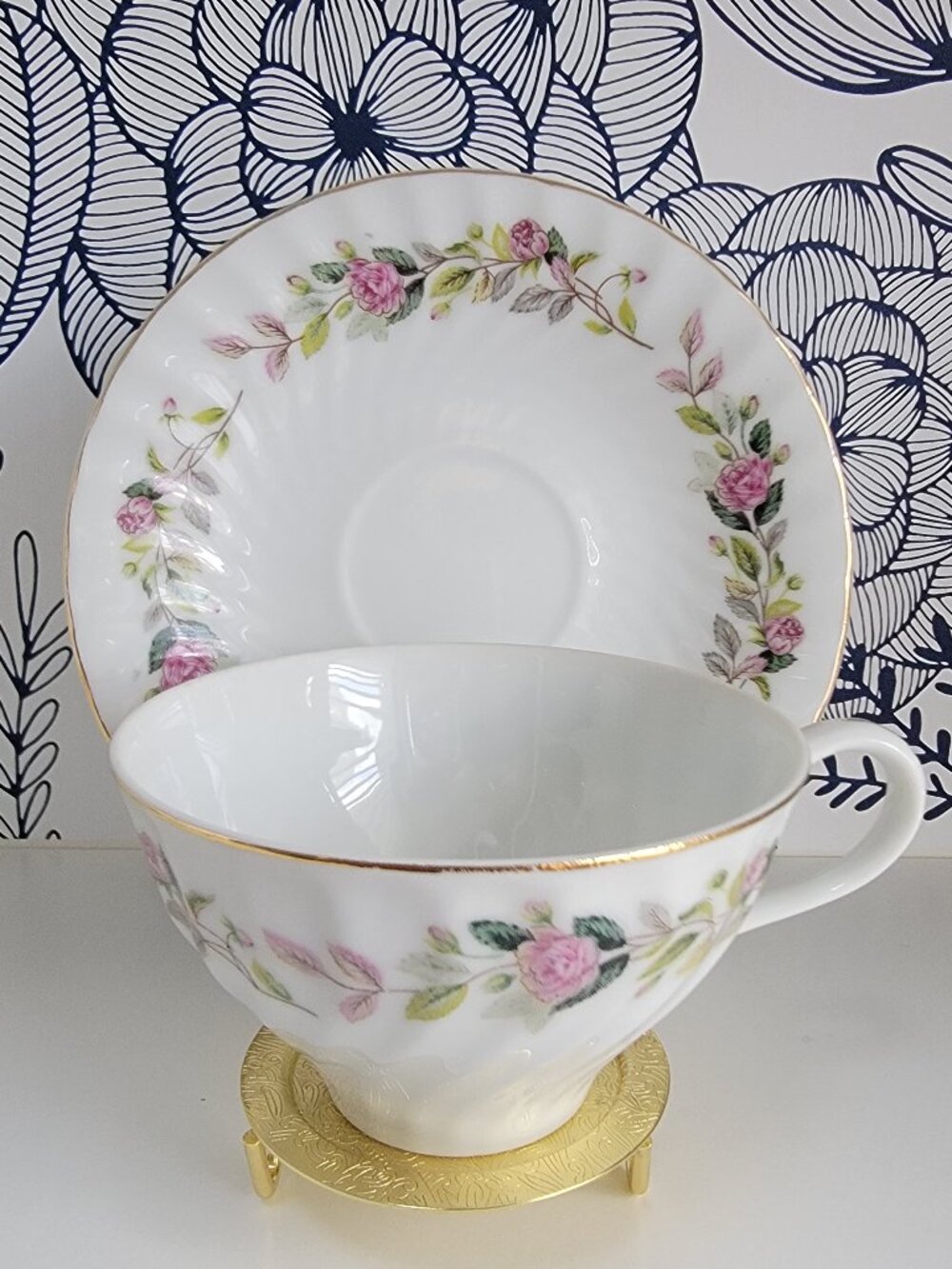Vintage Creative teacup & saucer, Japan, pink flowers green leaves gold trim